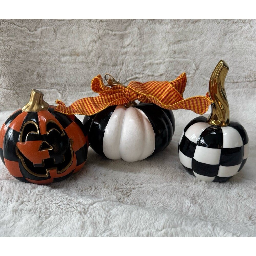 Mackenzie Childs Inspired Pumpkin Decor Set of 3 Halloween Black White Checkered